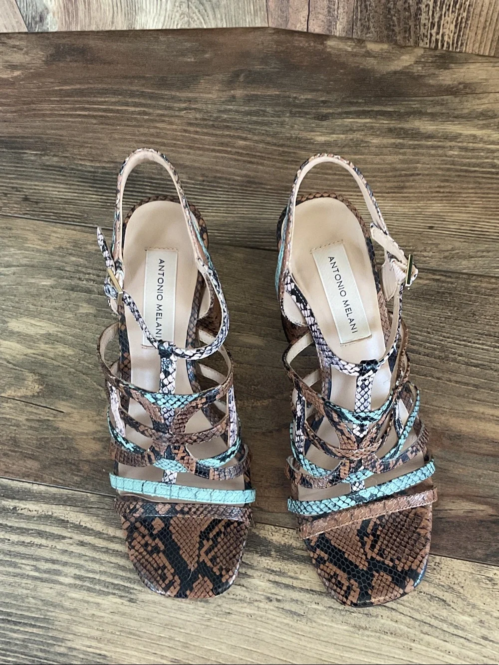ANTONIO MELANI Brown Snakeskin Strappy Block Heel Sandals 7M